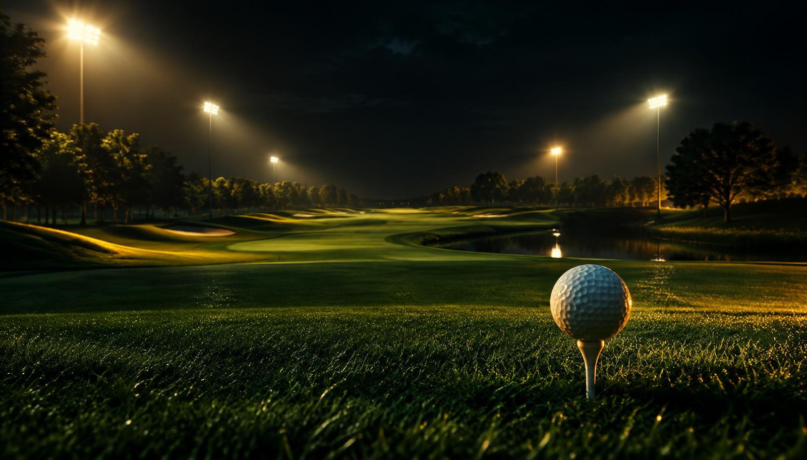 Floodlit golf course at night